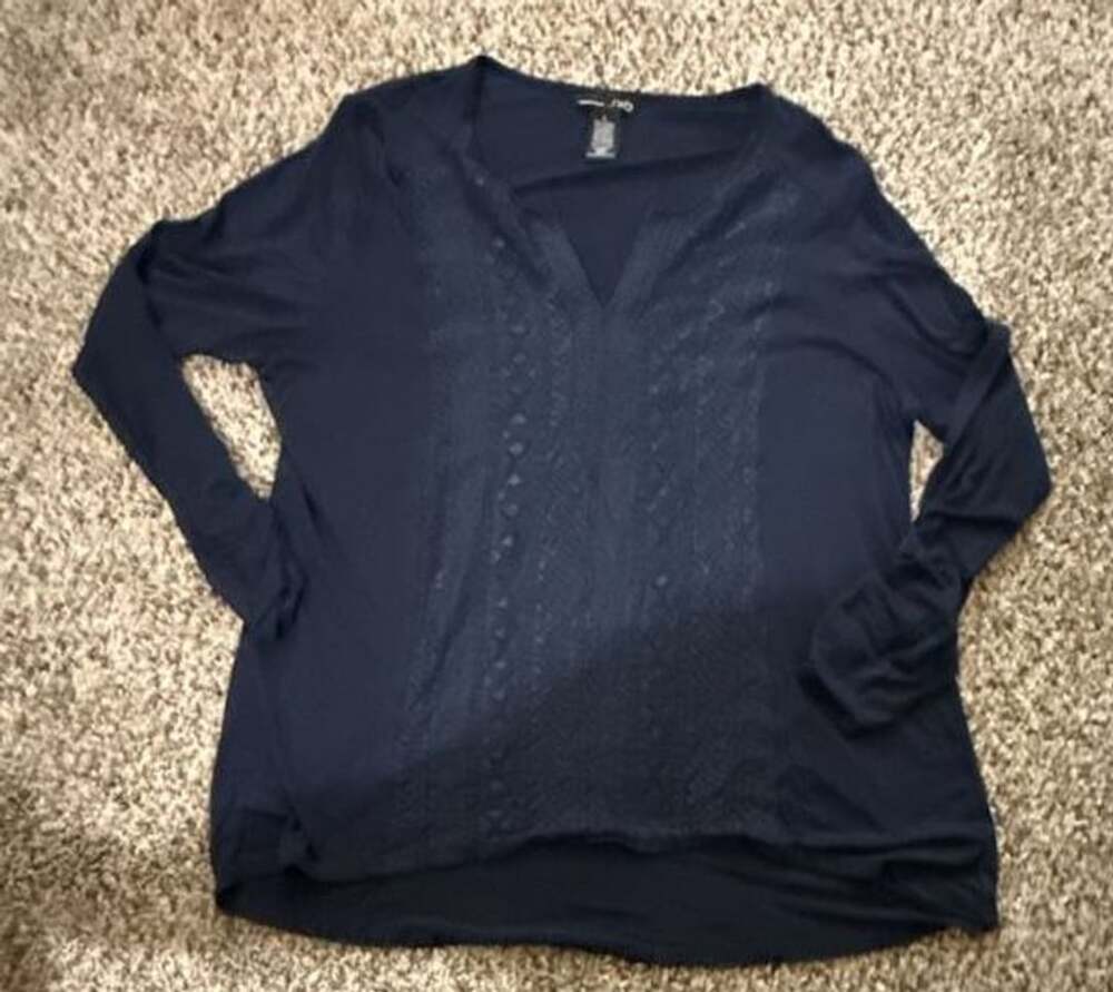 RXB Long Sleeve Blouse Size L Navy Lace V-Neck Tunic Top